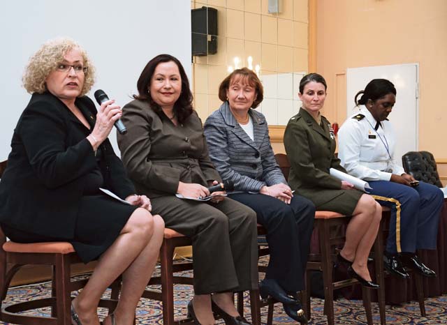 S.J. Grady Kathleen Cole, the USAG Stuttgart deputy to the commander (from left); Rhonda Diaz, AFRICOM’s deputy director of resources; Vivian Turnbull, AFRICOM’s assistant director of Intelligence for Operations Support and Defense Intelligence Agency senior representative; Lt. Col. Michaela Coughlin, an intelligence operations officer from Marine Forces Europe/Africa; and Army Maj. Cassandra Owens, the 52nd Signal Battalion executive officer, shared their perspectives on leadership.  More photos are available at  www.flickr.com/photos/usagstuttgart/.