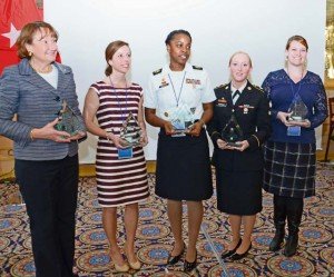 S.J. Grady Leadership award winners Vivian Turnbull (from left), Jennifer Smith, Sgt. 1st Class April Smith, Spc. Patricia Hanson and Kelley Sarles gather for a group photo following the Women’s Leadership Forum March 27. More photos are available at www.flickr.com/photos/usagstuttgart/.