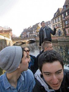 Photo by Lexi PacheA guide takes PHS French class students Will Ritter and Cameron Lawrence (front row, from left), and Ashley Colon and Devin Rehwaldt (back row, from left) on a boat tour along the canals of Colmar, France.