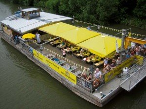 Visitors onboard the “Partyfloss,” or party raft, enjoy a “Flösserbrunch” event cruise offering a brunch and barbecue buffet. — Photo courtesy of Neckar-Käpt’n.