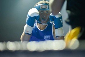 Laura Castro Adetermined Abdulahaziz Shribati, in blue, of ESV Rot-Weiss Stuttgart squares off against Corey Gulley of team Hohenfels in the fourth bout of the Rumble in the Gart invitational boxing tournament April 5. 