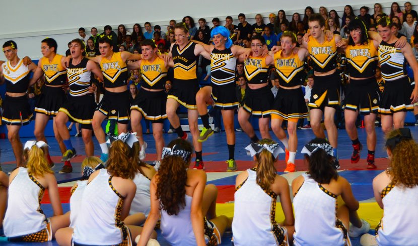The senior boys keep the crowd’s attention as they perform during the pep rally. Having worked on the routine since late August, the group performed to songs such as Taylor Swift’s "Shake it Off" and "Best Friend’s Brother" by Victoria Justice. The group won the spirit competition for their class and the coveted spirit stick.