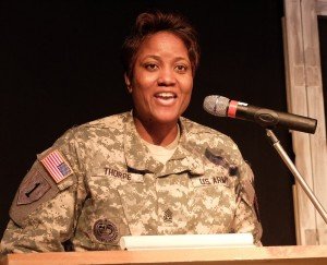 U.S. Army Garrison Command Sgt. Major Lynice Thorpe delivers remarks. “A Century of Black Life, History and Culture” served as the theme for this year’s Black History Month celebration, held at Kelley Barracks, U.S. Army Garrison Stuttgart, Feb. 26, 2015. Performances by the Patch High School and Stuttgart Gospel Service Choirs and a dance from the play “Her Stories” highlighted the accomplishments of African Americans over the past century.