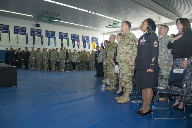 Members of SOCEUR along with friends, family and numerous members of the Special Operations community pay tribute to their fallen comrade, Sgt. 1st Class James Ginas III, during his memorial ceremony April 27 at the Patch Fitness Center. U.S. Army photo by Visual Information Specialist Eric Steen.