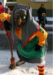During the various Fasching parades and events throughout Southern Germany, be on the lookout for Narren, or Fasching fools, also dressed as witches, who might ruffle your hair, paint your face, take away a hair band, or drop you a piece of candy. Photo by Carola Meusel, USAG Stuttgart Public Affairs Office.