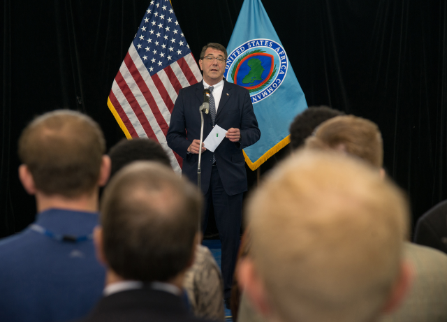 Dr. Ashton B. Carter, center, the deputy secretary of defense, thanks personnel of Africa Command for their service at Kelly Barrack's Fitness facility in Stuttgart, Germany, May 10, 2013. Photo by Martin Greeson, Training Support Center Stuttgart.