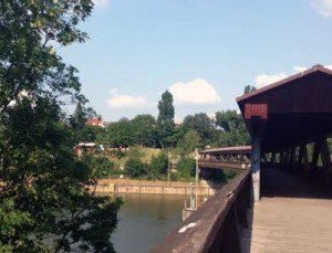 Crossing the bridge over the Neckar River to reach the City Beach. Photo by Holly DeCarlo-White