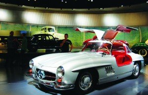 A 1955 Mercedes-Benz 300 SL Coupé with gull-wing doors is on display at the Mercedes-Benz Museum in Stuttgart-Bad Cannstatt.