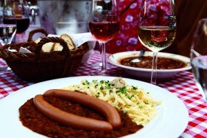 Lentils with “Spätzle,” or egg noodles, and “Saitenwürschtle,” or sausages, are some of the many Swabian dishes offered at the Stuttgarter “Weindorf,” or wine village. 