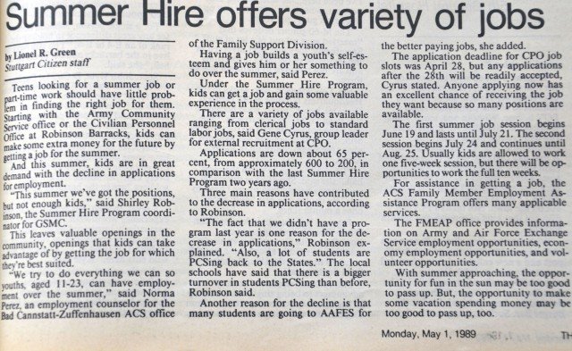 The Citizen 1989 USAG Stuttgart Summer Hire Program article.