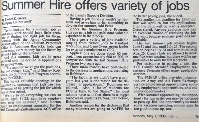 The Citizen 1989 USAG Stuttgart Summer Hire Program article. 