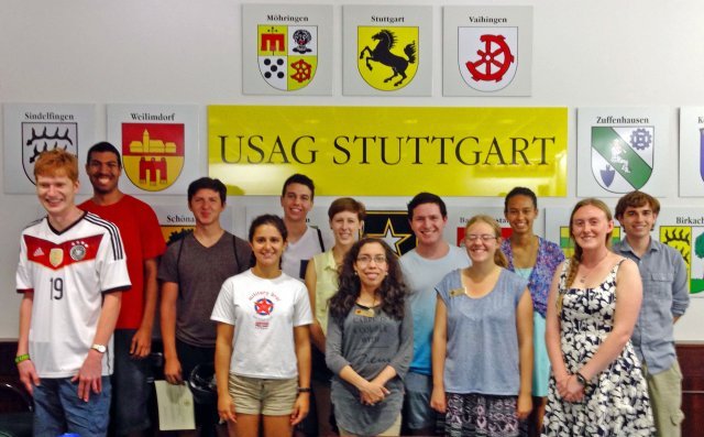USAG Stuttgart 2015 Summer Hires received certificates for completing the program presented by Heidi Malarchik, deputy to the garrison commander, and Richard Calnon, director of human resources on Aug. 7.