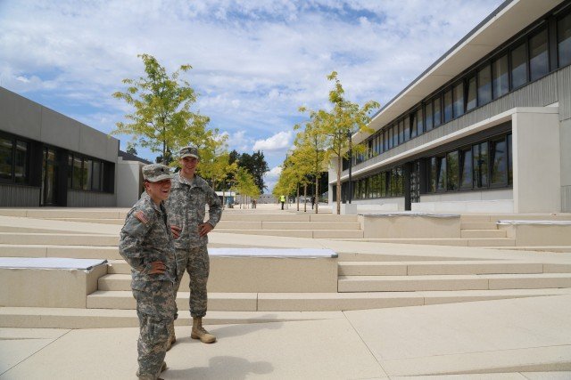 Photo Credit: Christopher Augsburger, USACE Army cadets Melissa Hersey and Patrick Richardson check out the new Stuttgart elementary and high school campus last month near Panzer Kaserne in Boeblingen, Germany. The two recently served with U.S. Army Corps of Engineers Europe District's Stuttgart Resident Office as part of the Cadet District Engineer Program.