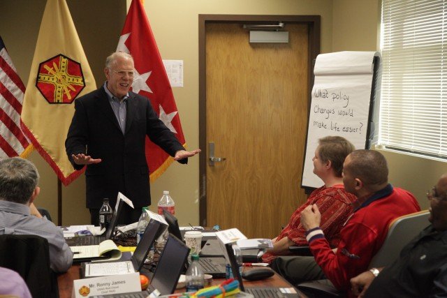 Former Lt. Gen. Stephen Speakes, president and chief operating officer of Kalamar RT Center, LLC, described his ongoing experience with change management to garrison leaders at the U.S. Army Installation Management Academy, Joint Base San Antonio, Texas, Feb.12, 2015. The IMCOM Academy offers classes which bring in Army and civilian leaders to educate garrison leaders about best practices and trends in base operations missions and professional development (U.S. Army IMCOM photo by Neal Snyder).