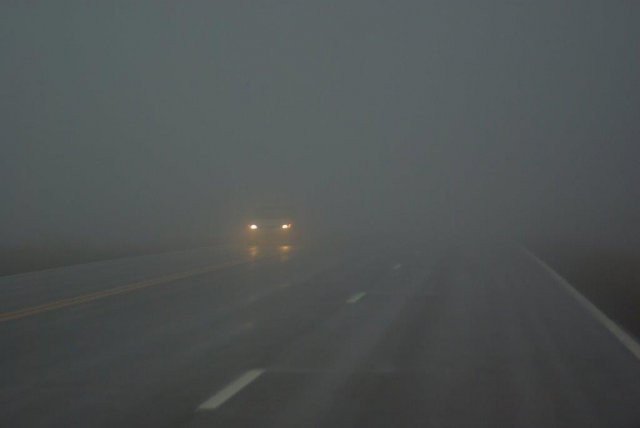 When driving in fog, set your headlight to low beam. This setting aims the beam of light down toward the roadway. German law (50/50 Law) states that if visibility is reduced to 50 meters (164 feet) or less, the maximum speed limit is 50 kilometers (30 miles) per hour. Rear fog lights can only be used when visibility is less than 50 meters. They cannot, however, be used within cities, towns or villages. (Photo Credit: USAG Ansbach Safety Office)