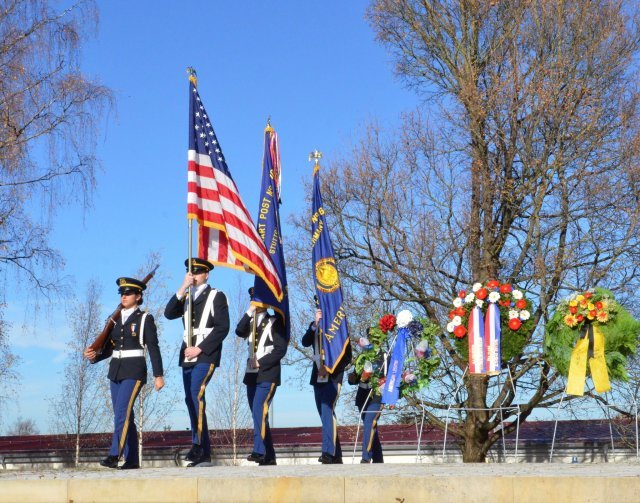 Stuttgart High School JROTC color guard retire the colors at U.S. Army Garrison Stuttgart's Veteran's Day Ceremony held on Patch Barracks, Nov. 11, 2015.