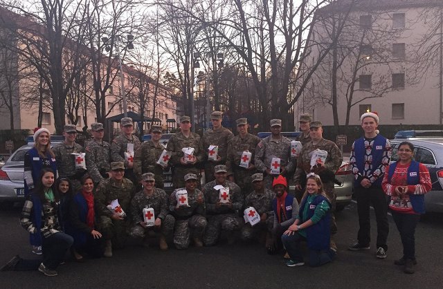 The American Red Cross partnered with Amazon gifting packages filled with goodies to men and women in uniform working on Christmas Day including the 554th Military Police Company on Panzer Kaserne, Dec. 25, 2015.