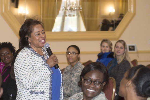 Juandalynn R. Abernathy spoke of her experience during the civil rights movement at the United States Army Garrison Stuttgart Equal Opportunity Office hosted observance of Martin Luther King Jr. Day at the Swabian Special Events Center January 12, 2016. Her father, Ralph David Abernathy, Sr. was a leader of the African-American Civil Rights Movement, a minister, and Martin Luther King Jr.'s closest friend. (U.S.Army Photo By Kevin S. Abel, Released)