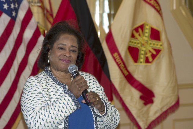 Juandalynn R. Abernathy spoke of her experience during the civil rights movement at the United States Army Garrison Stuttgart Equal Opportunity Office hosted observance of Martin Luther King Jr. Day at the Swabian Special Events Center January 12, 2016. Her father, Ralph David Abernathy, Sr. was a leader of the African-American Civil Rights Movement, a minister, and Martin Luther King Jr.'s closest friend. (U.S.Army Photo By Kevin S. Abel, Released)