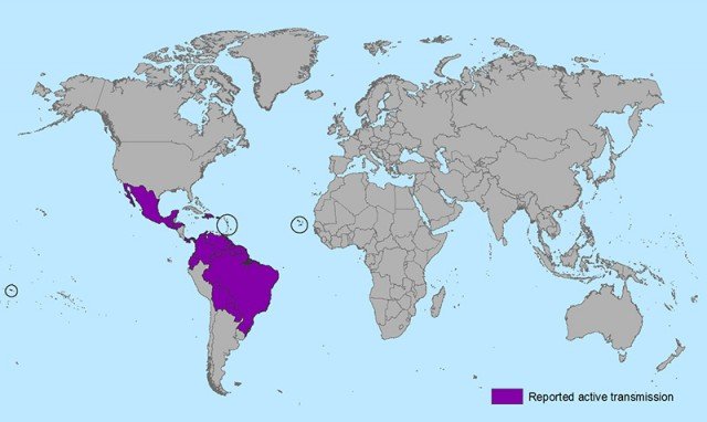 Countries and territories with active Zika virus transmission, by cdc.gov.