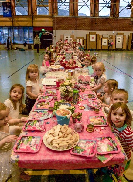 The whimsical scene at the SKIES Dance Production Theater's "Mad Hatter Tea Party" rehearsal, held Feb. 24 at the Patch Middle School Forum is credited to the Candid Cupcakes Team of volunteer parents, Kim Kelley and Emma Sadler. The production of Alice and Wonderland is set for June 1, 2016. 