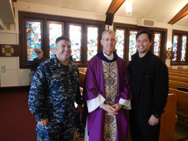 U.S. Navy Cmdr. Joe Femino, U.S. Army Chief of Chaplains, Chaplain (Maj. Gen.) Paul K. Hurley, and Dr. John Tortorelli, of the U.S. Army Garrison Stuttgart Health Clinic attend the Ash Wednesday service held on Patch Barracks, Feb. 10, 2016.