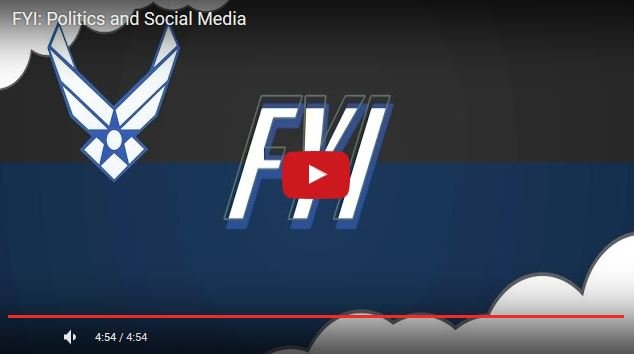 FORT GEORGE G. MEADE, Md. (AFNS) -- Things are starting to heat up on the political scene, so in this week's episode of FYI, Tech. Sgt. Holly Roberts-Davis reminds us about the Defense Department regulations concerning politics and social media. By Air Force TV, / Published January 29, 2016