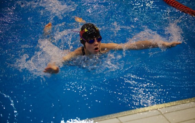 Tessa Fellona, a swimmer for the Stuttgart Piranhas and a fifth grader at Patch Elementary, competes in the European Forces Swim League Divisional Championships in Berlin on Feb. 7