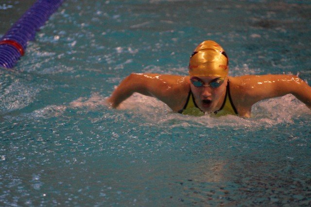 Regan Lee of the Stuttgart Piranhas swims the butterfly at the European Forces Swim League Champs in Eindhoven, Netherlands, held Feb. 27-28, 2016.