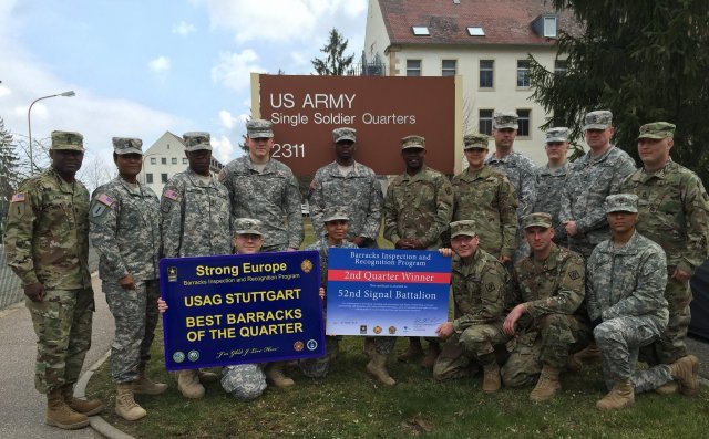 Members of 52nd Signal Battalion were awarded as U.S. Army Garrison Stuttgart's second quarter Best Barracks winners. (Left) Command Sergeant Major Gene E. Canada, of Installation Management Command Europe visited the barracks March 22, 2016 to recognize the service members and their achievement. The BIRP program rewards those who earn the highest overall score through the inspection process, promoting leadership and responsibility. Photo Credit: Holly DeCarlo-White