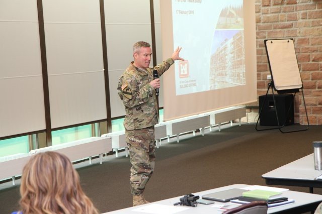 Col. Matthew Tyler, the U.S. Army Corps of Engineers Europe District commander, delivers opening remarks Feb. 17 at the 2016 USACE Partner Workshop on Clay Kaserne in Wiesbaden, Germany. More than 100 officials representing over 25 organizations attended the annual meeting.