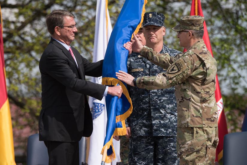 Scaparrotti Takes Command of Eucom at ‘Pivotal Moment’ Defense Secretary Ash Carter presents the U.S. European Command flag to Eucom’s new commander, Army Gen. Curtis M. Scaparrotti, during a change of command ceremony in Stuttgart, Germany, May 3, 2016. DoD photo by D. Myles Cullen