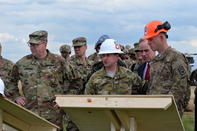 Lt. Gen. Ben Hodges, commander of U.S Army Europe, and Michael Formica, director of IMCOM-Europe, receive a project briefing at Novo Selo Training Area, Bulgaria.