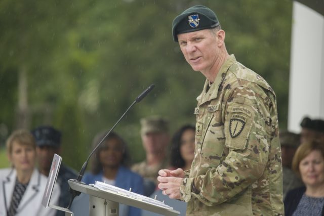New Special Operations Command- Europe Commanding General, Maj. Gen Mark Schwartz speaks to his new command during the SOCUER change of command, June 8, 2016 on Washington Square on Patch Barracks. U.S. Army Photo By Eric Steen.