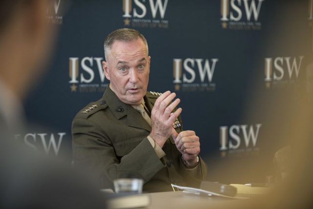 Marine Corps Gen. Joe Dunford, chairman of the Joint Chiefs of Staff, speaks to students of the Institute for the Study of War's Hertog War Studies Program in Washington, July 28, 2016. The program aims to educate advanced undergraduate students about the theory, practice, organization and control of war and military forces. One aspect of the profession of arms in the United States is an apolitical, nonpartisan military, the general said. DoD photo by Army Sgt. James K. McCann 