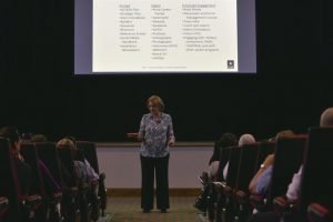 Beryl Hancock, Career Program 26 Proponency Office chief, speaks to a group of Army civilians about manpower and force management at Fort Eustis, Va., August 23, 2016. CP26 is a civilian career program that analyzes and resources the Army's operating and generating forces in support of national military strategy. U.S. Army photo by Staff Sgt. Natasha Stannard.
