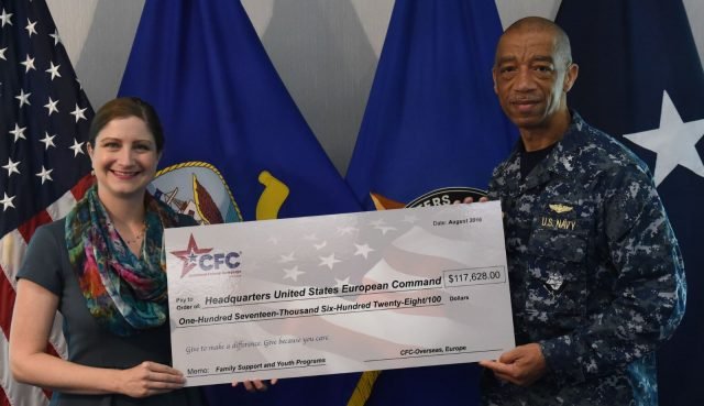 USEUCOM Chief of Staff, Rear Admiral John Smith, Jr., she presented a check to him from the 2015 CFC campaign for Family Support & Youth Programs. The CFC-O distributes undesignated pledges from the campaign back to the military installations where the pledges originated. Regulations allow these FSYP funds to be used for quality of life programs such as recreational activities support, improved facilities, emergency assistance and other support services for families & children as well as single and deployed service members.