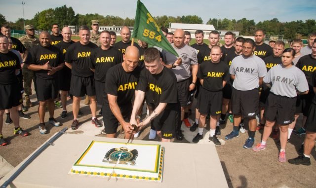 Col. David J. Segalla, Jr., division chief, ACJ34, U.S. Africa Command (left) and youngest Soldier in formation, Pfc. Tanner Bedell of the 3rd Platoon "Hooligans" from the 554th Military Police Company cut the celebratory cake to close the 75 km run honoring the U.S. Army Military Police Corps’ 75th anniversary Sept. 28, 2016 at Husky Field on Patch Barracks in Vaihingen, Germany. U.S. Army Photo by Martin Greeson.