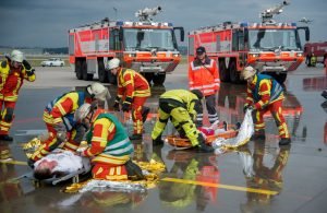 First-responders aid multiple wounded passengers during the “Stallion Shake” force protection training exercise in conjunction with the Stuttgart Airport at Stuttgart Army Airfield, Oct. 22, 2016, 2015. U.S. Army Photo by Eric Steen