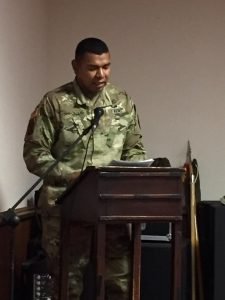 Staff Sgt. Lionell D. Red Cloud, a member of the Oglala Sioux Tribe from South Dakota and current Military Police officer speaks about his heritage at the National American Indian Heritage Month ceremony, Nov. 15, 2016 on Kelley Barracks, Stuttgart, Germany.