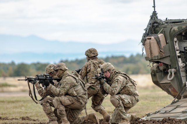 File photo of 2nd Cavalry Regiment Soldiers demonstrating dismount tactics at Exercise Slovak Shield 2016, Oct. 13, 2016, at Military Training Area Lest, Slovak Republic. U.S. Soldiers participated in Slovak Shield as a part of Operation Atlantic Resolve, a U.S. led effort in Eastern Europe that demonstrates the U.S. commitment to the collective security of NATO and enduring peace and stability in the region. Photo Credit: Staff Sgt. Micah VanDyke