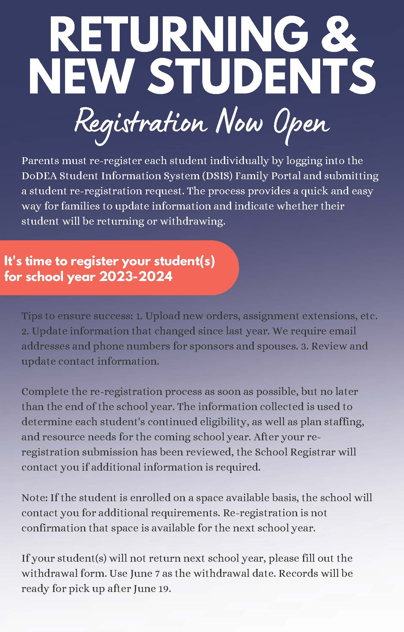 Reregistering your child for the school year 202324