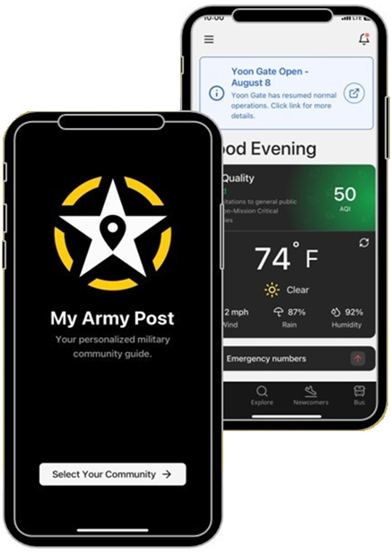 an image of two portable phones displaying the My Army Post app